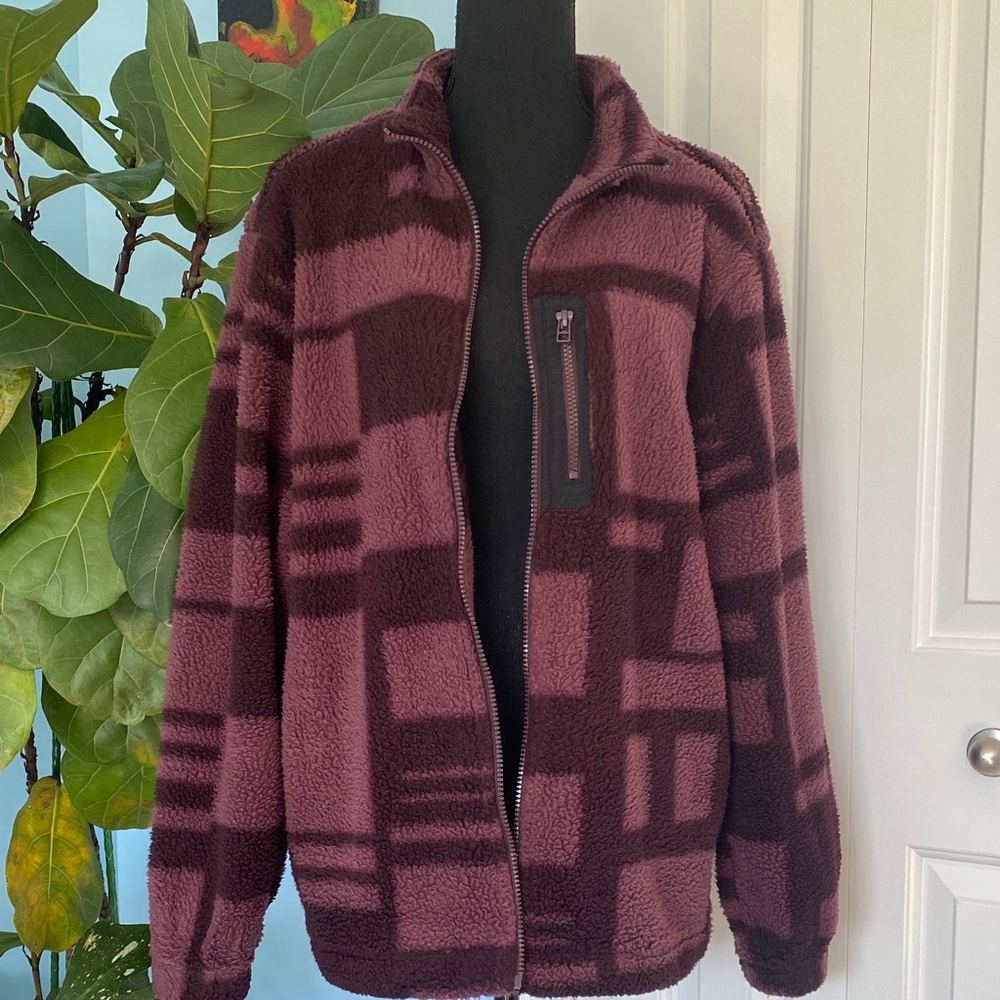 No Boundaries Oversized Fit Small Jacket Plaid Checkered Purple Zip Up Fleece